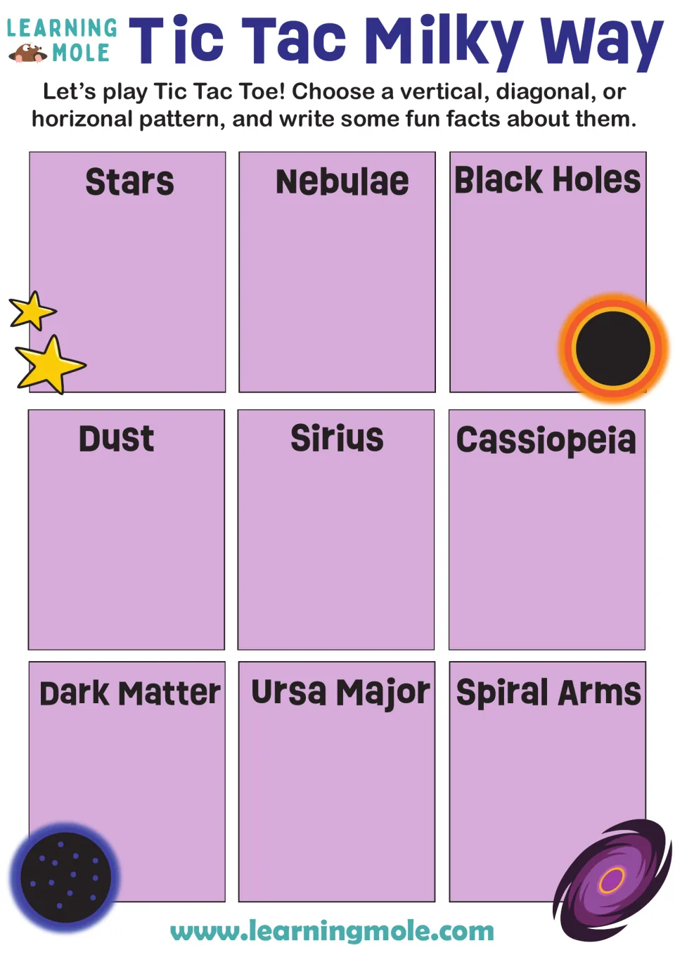 Milky Way tic-tac-toe: students pick three in a row, from stars and nebulae to Sirius, and write fun facts on each