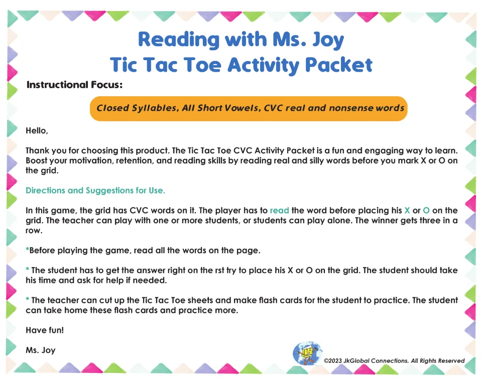 Directions for short-vowel tic-tac-toe: read words before marking X or O, review first, and make flashcards