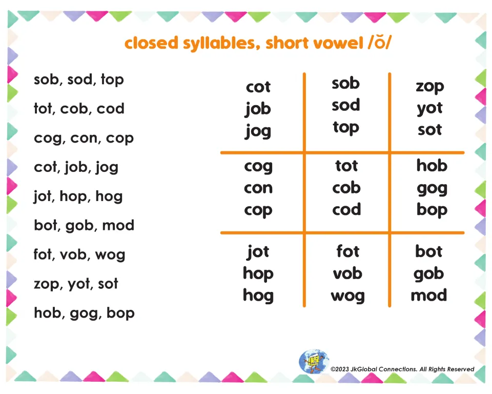 Short-o tic-tac-toe game sheet with real and nonsense words, including cot, job, hop, zop, yot, and gog