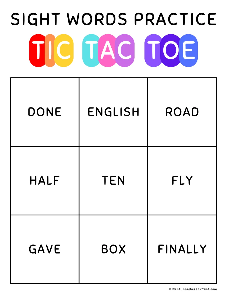 Sight word practice tic-tac-toe board 1: done, English, road, half, ten, fly, gave, box, and finally.