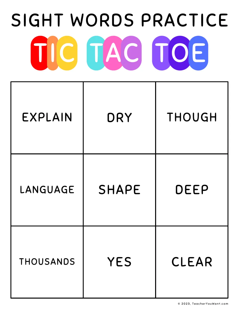 Sight word practice tic-tac-toe board 8: explain, dry, though, language, shape, deep, and three more.