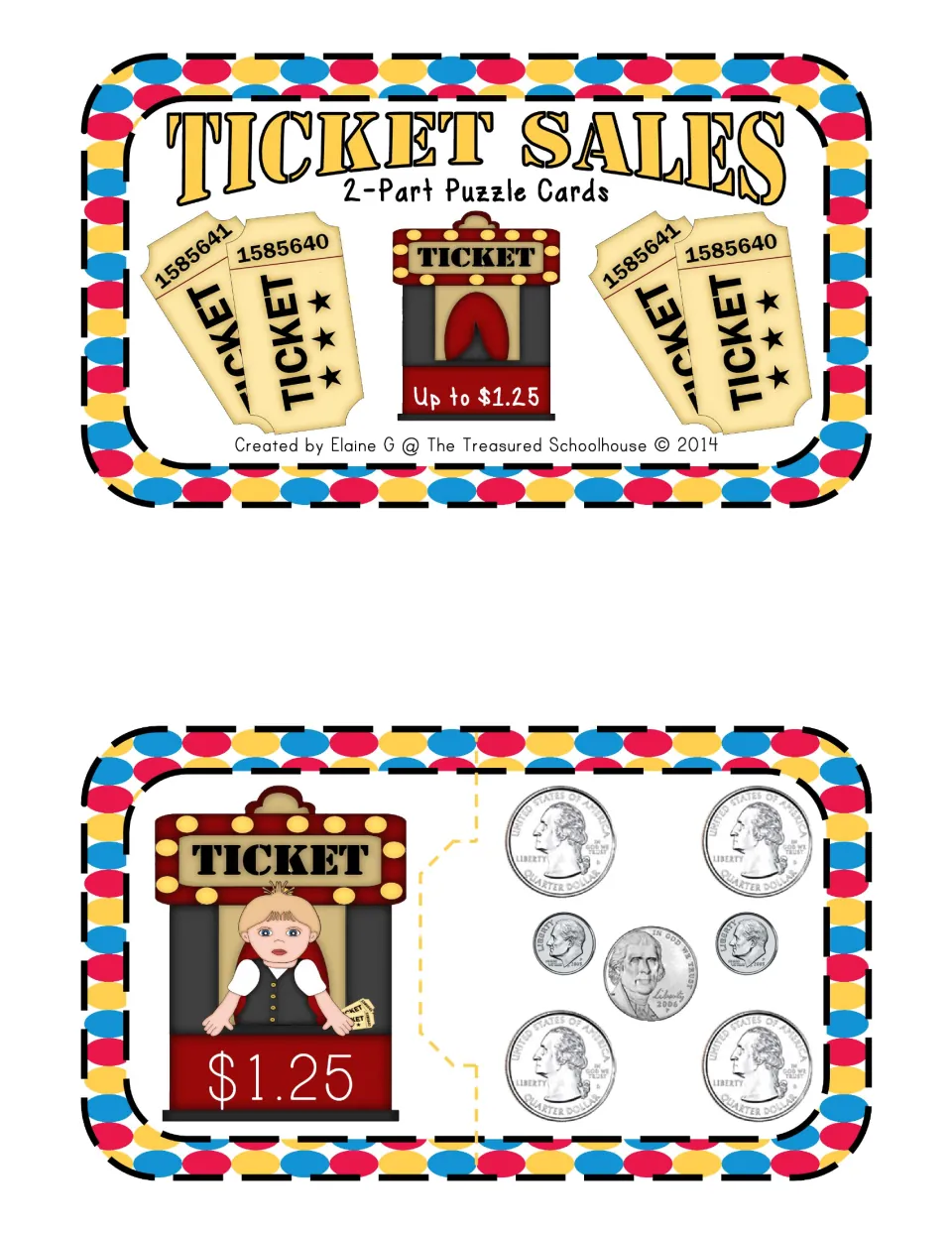 Puzzle set title card and first matching card: $1.25 paired with four quarters, two dimes, and one nickel