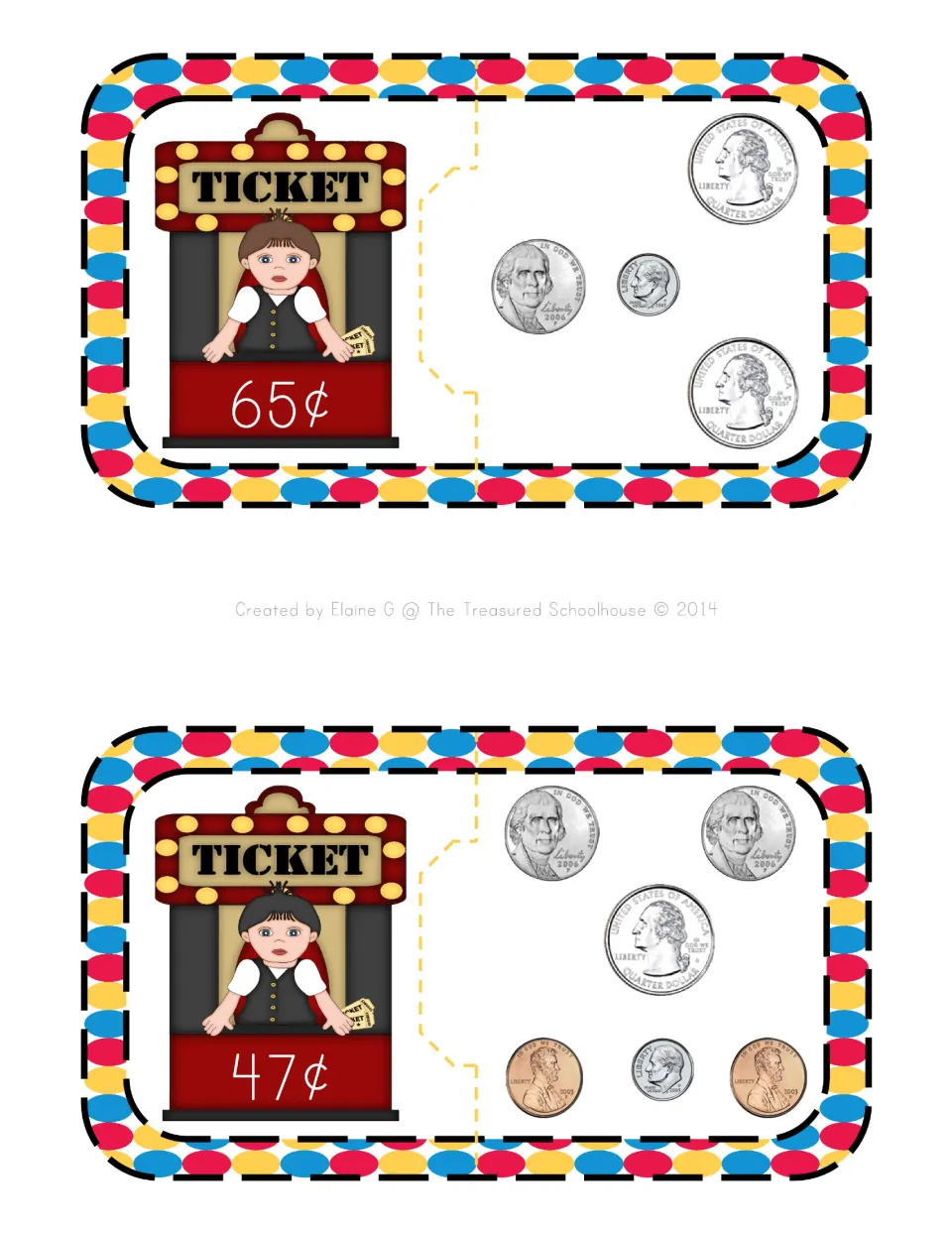 Coin-counting puzzle cards 2–3 show ticket prices of 65¢ and 47¢ paired with matching groups of U.S. coins