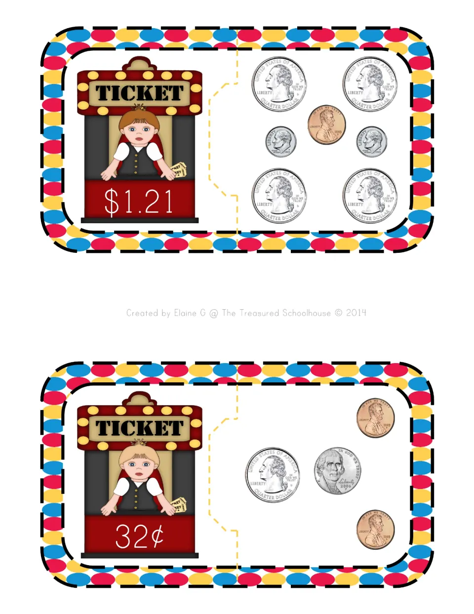 Coin-counting puzzle cards 4–5 show ticket prices of $1.21 and 32¢ paired with matching groups of U.S. coins