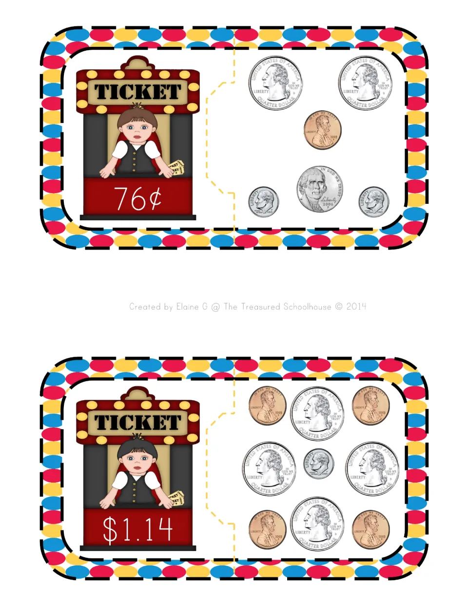 Coin-counting puzzle cards 6–7 show ticket prices of 76¢ and $1.14 paired with matching groups of U.S. coins