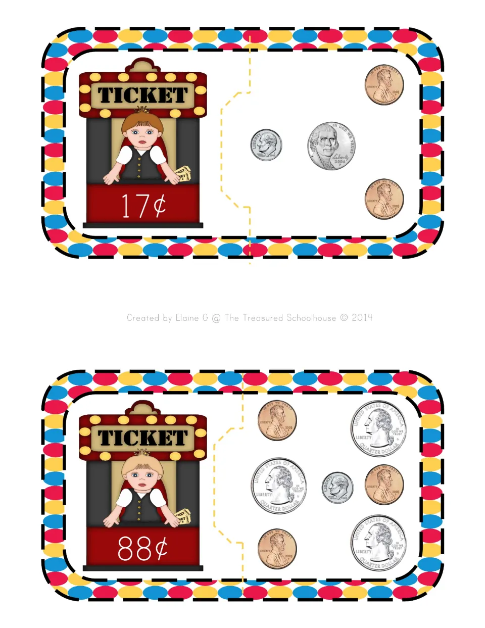 Coin-counting puzzle cards 8–9 show ticket prices of 17¢ and 88¢ paired with matching groups of U.S. coins