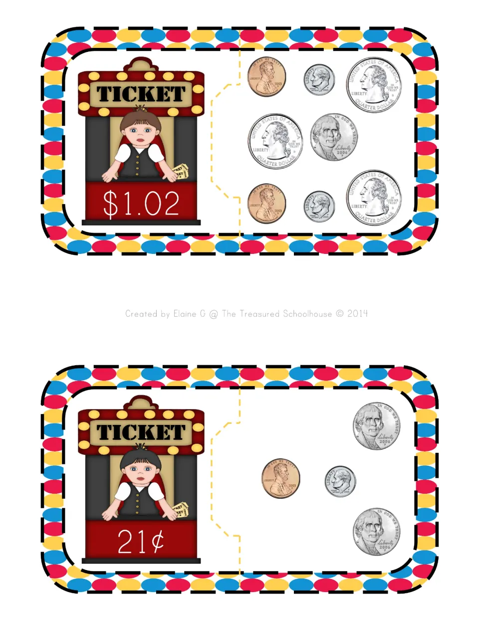 Coin-counting puzzle cards 10–11 show ticket prices of $1.02 and 21¢ paired with matching groups of U.S. coins