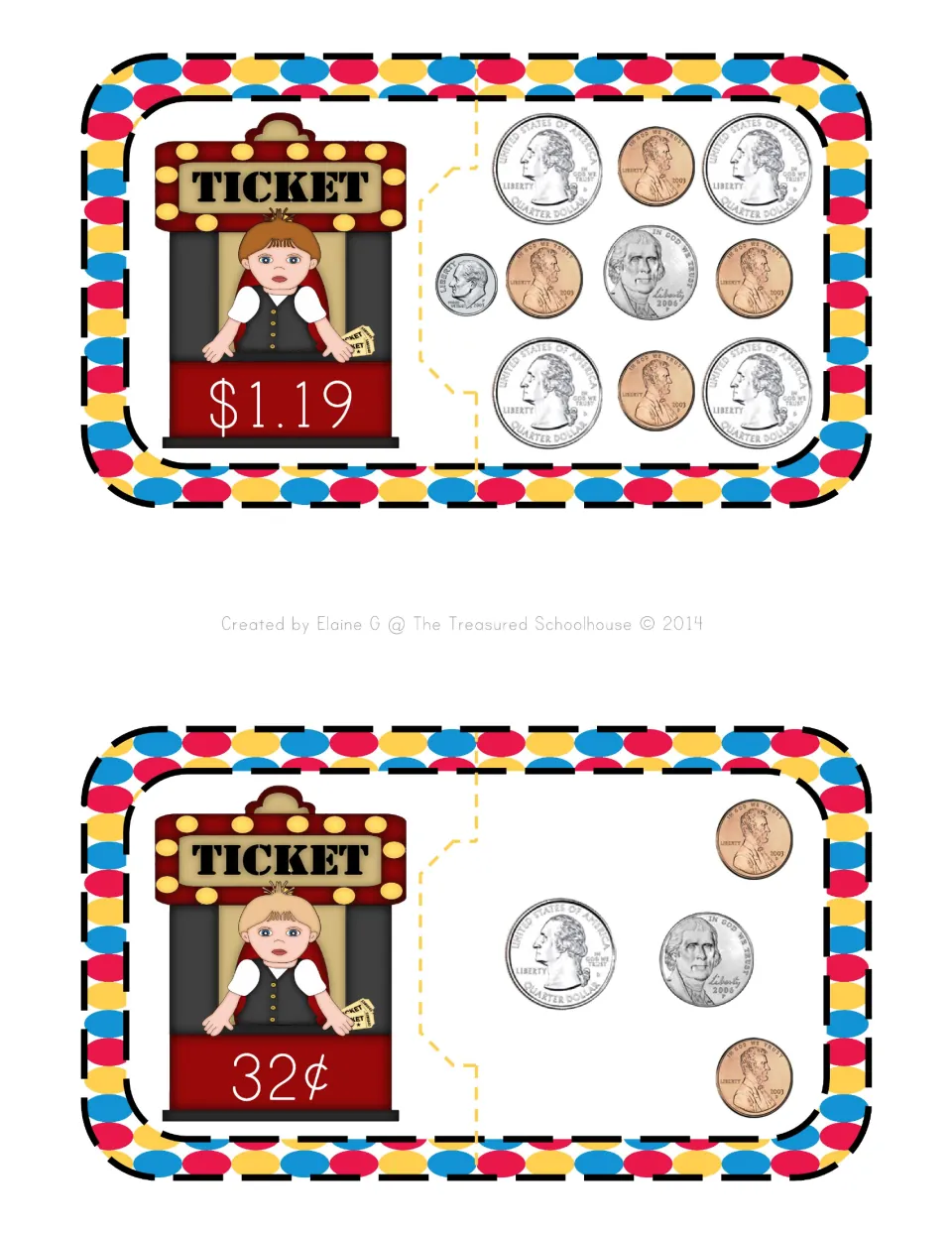 Coin-counting puzzle cards 12–13 show ticket prices of $1.19 and 32¢ paired with matching groups of U.S. coins