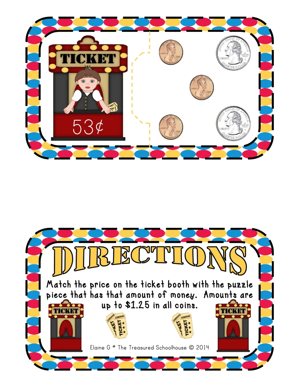 Final puzzle card pairs 53¢ with two quarters and three pennies; directions explain matching prices to coins
