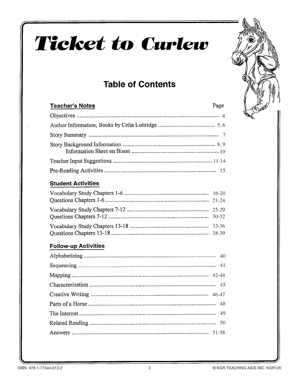Novel study table of contents lists teacher notes, chapter vocabulary and questions, follow-up activities and answers.