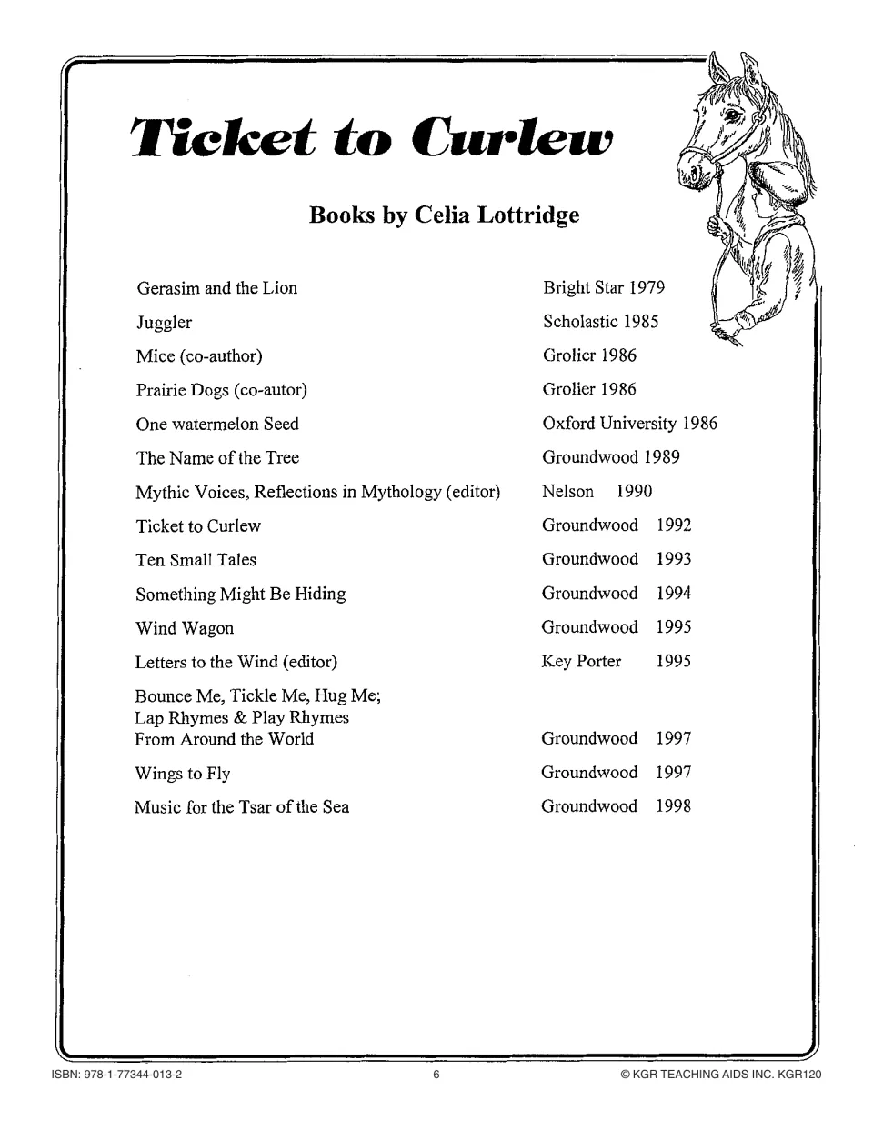 Author bibliography lists Celia Lottridge's books, from Gerasim and the Lion to Music for the Tsar of the Sea.