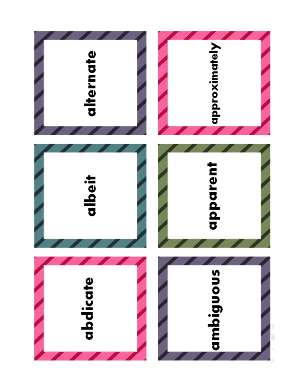 Six printable vocabulary cards to cut out: alternate, approximately, albeit, apparent, abdicate and ambiguous
