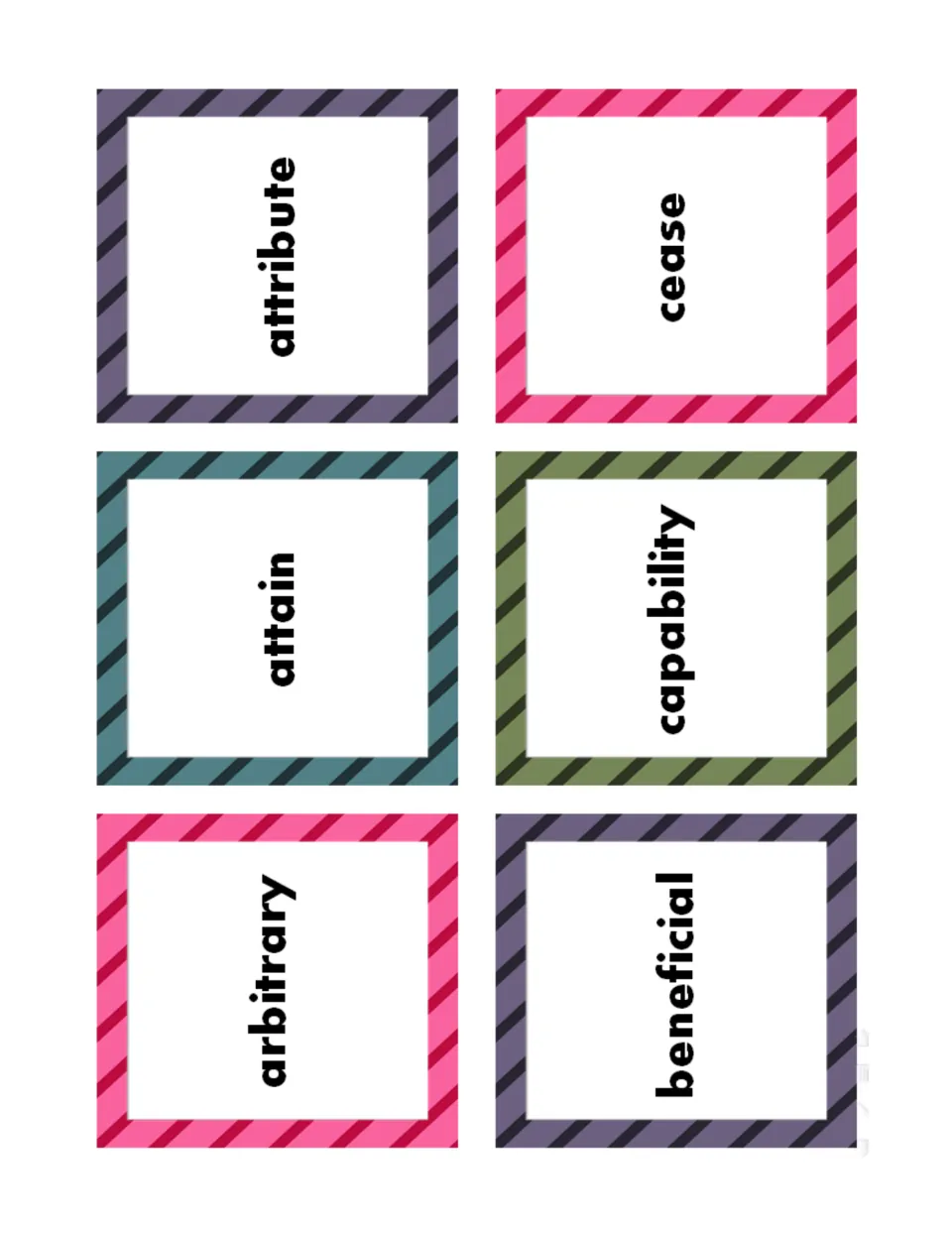 Six vocabulary cards to cut apart showing attribute, cease, attain, capability, arbitrary and beneficial