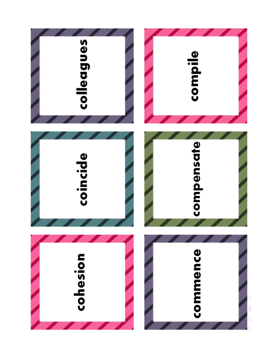 Six word cards for cutting: colleagues, compile, coincide, compensate, cohesion and commence, one term per card