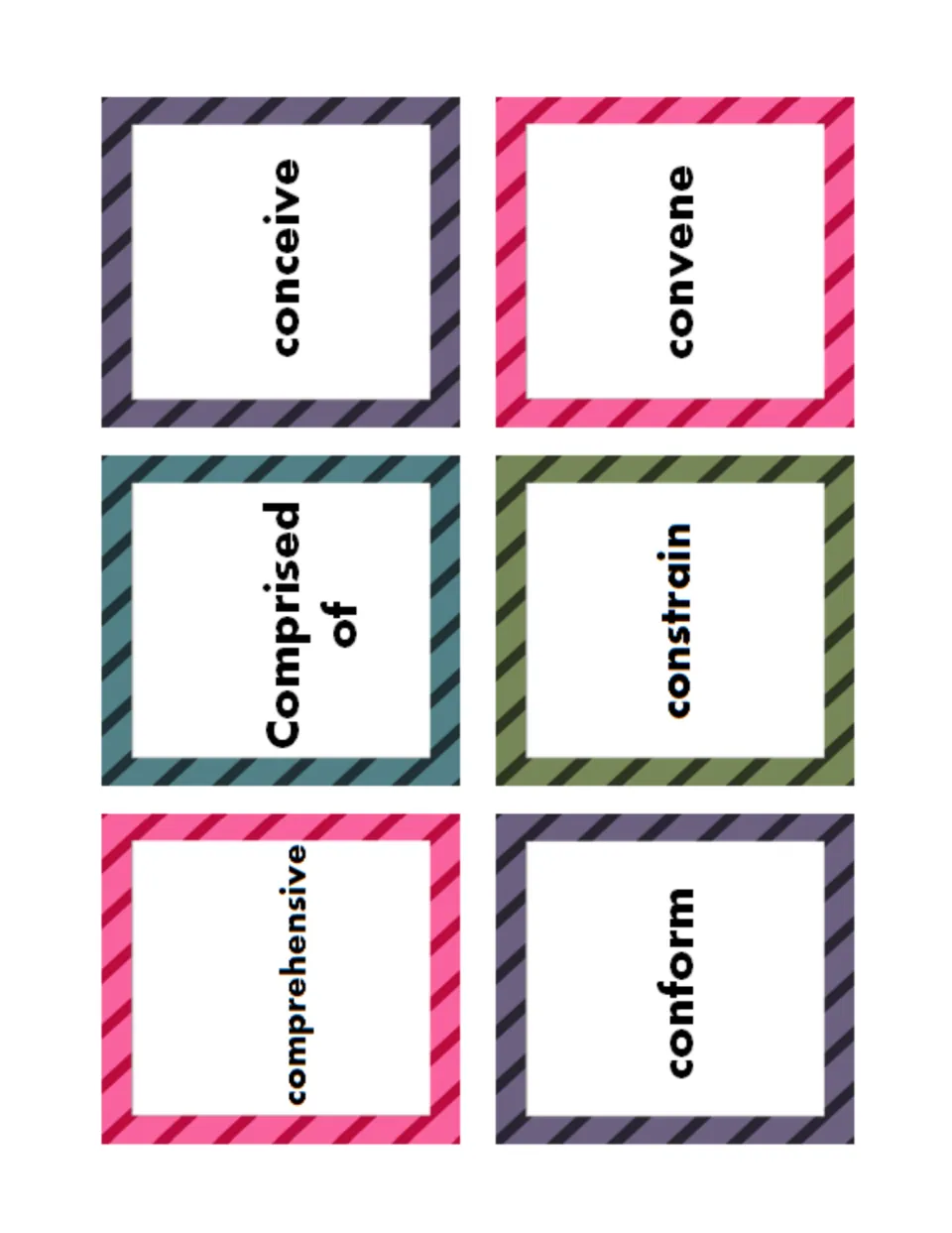 Six academic word cards to cut out: conceive, convene, comprised of, constrain, comprehensive and conform