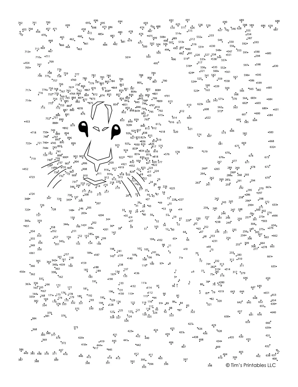 Tiger cub connect-the-dots: students join hundreds of numbered dots in order, from 1 up past 900, to draw the cub