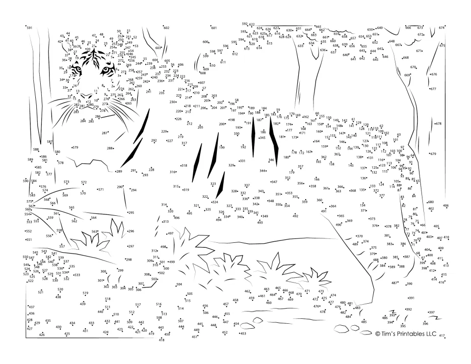 Tiger dot-to-dot: students connect numbered dots 1 to 680 in order to reveal a tiger standing among jungle trees