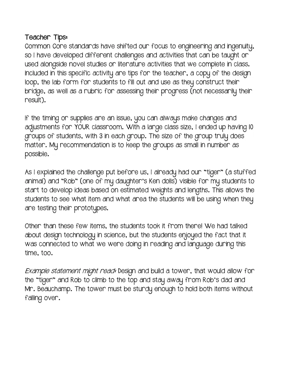 Teacher tips for the tower challenge cover small groups, test objects, and a sample problem statement.