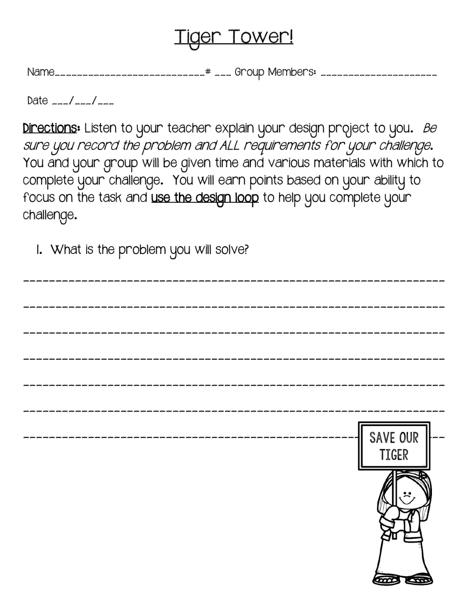 First student recording page asks groups to identify the problem and record all challenge requirements.