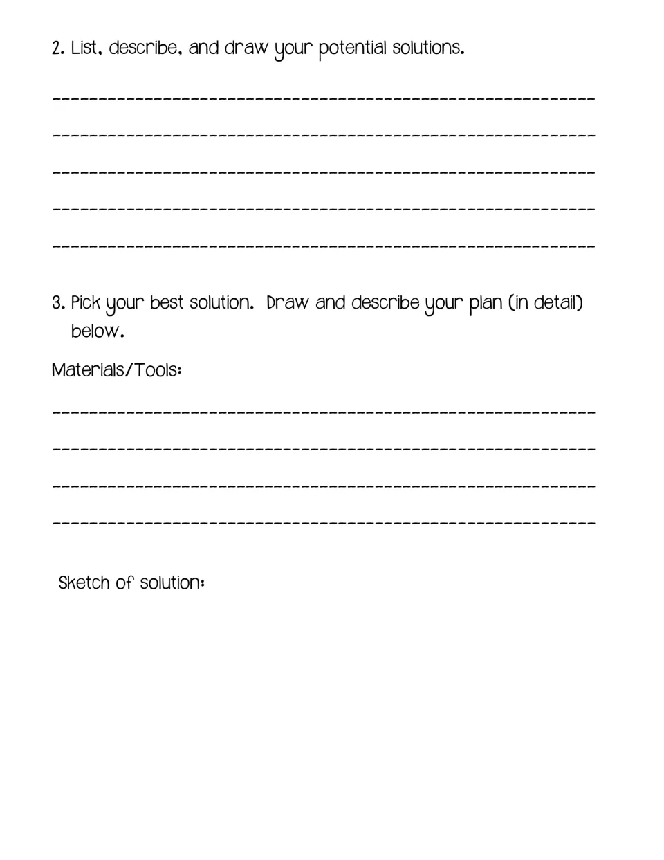 Student planning page asks for potential solutions, a chosen plan, materials and tools, and a solution sketch.