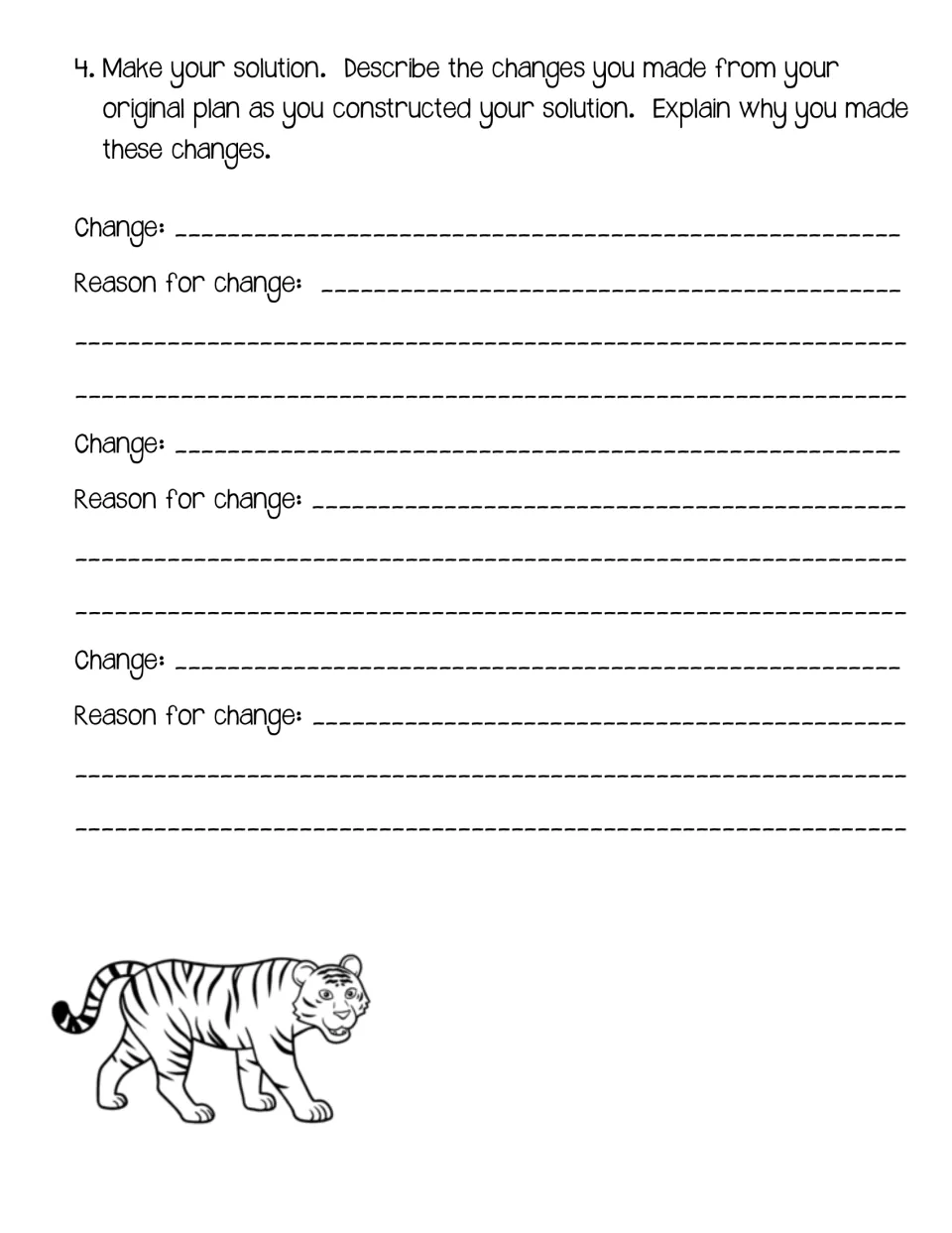 Student construction record asks for three changes made to the original plan and the reason for each change.