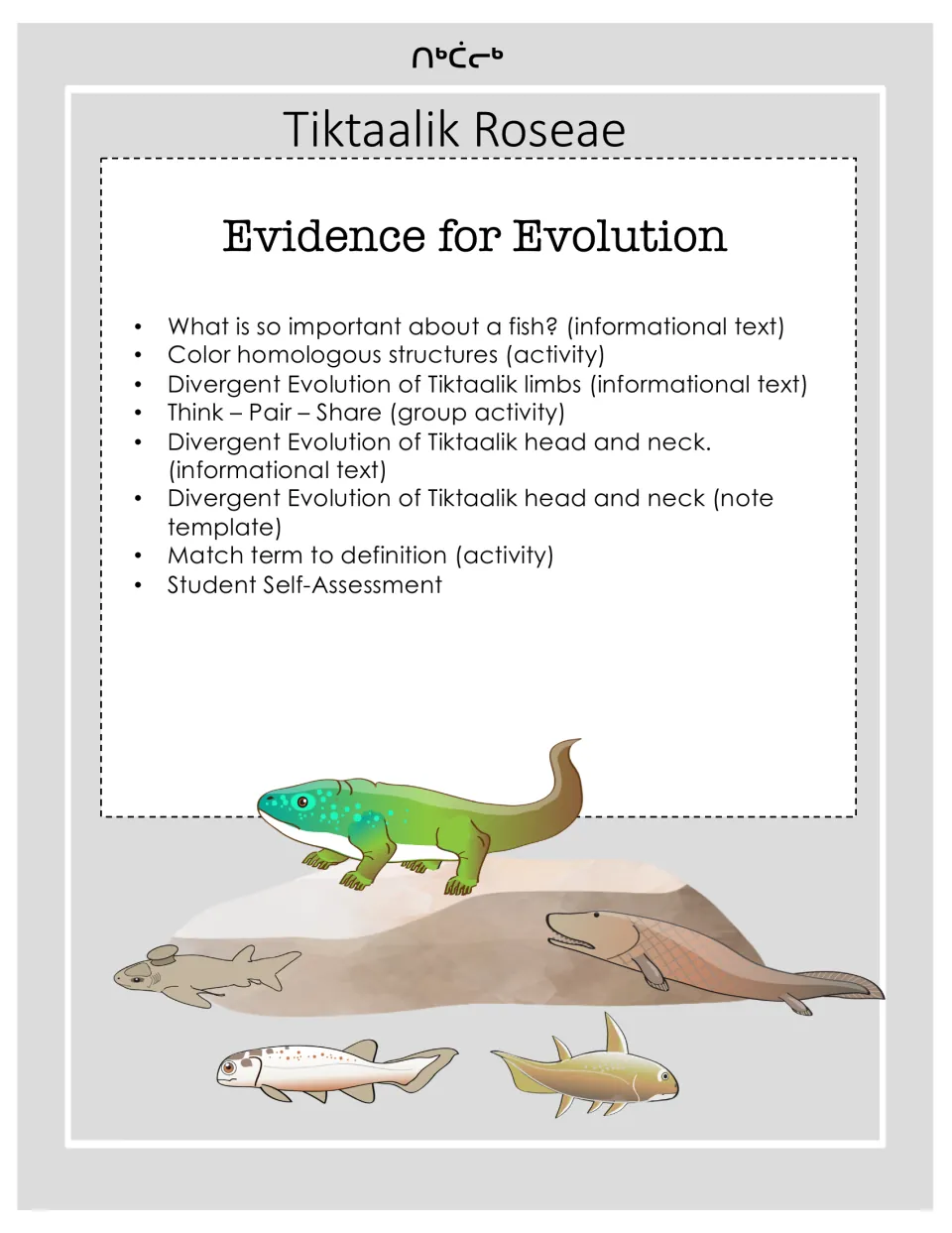 Tiktaalik roseae cover: Evidence for Evolution unit listing readings, limb coloring, think-pair-share and term matching