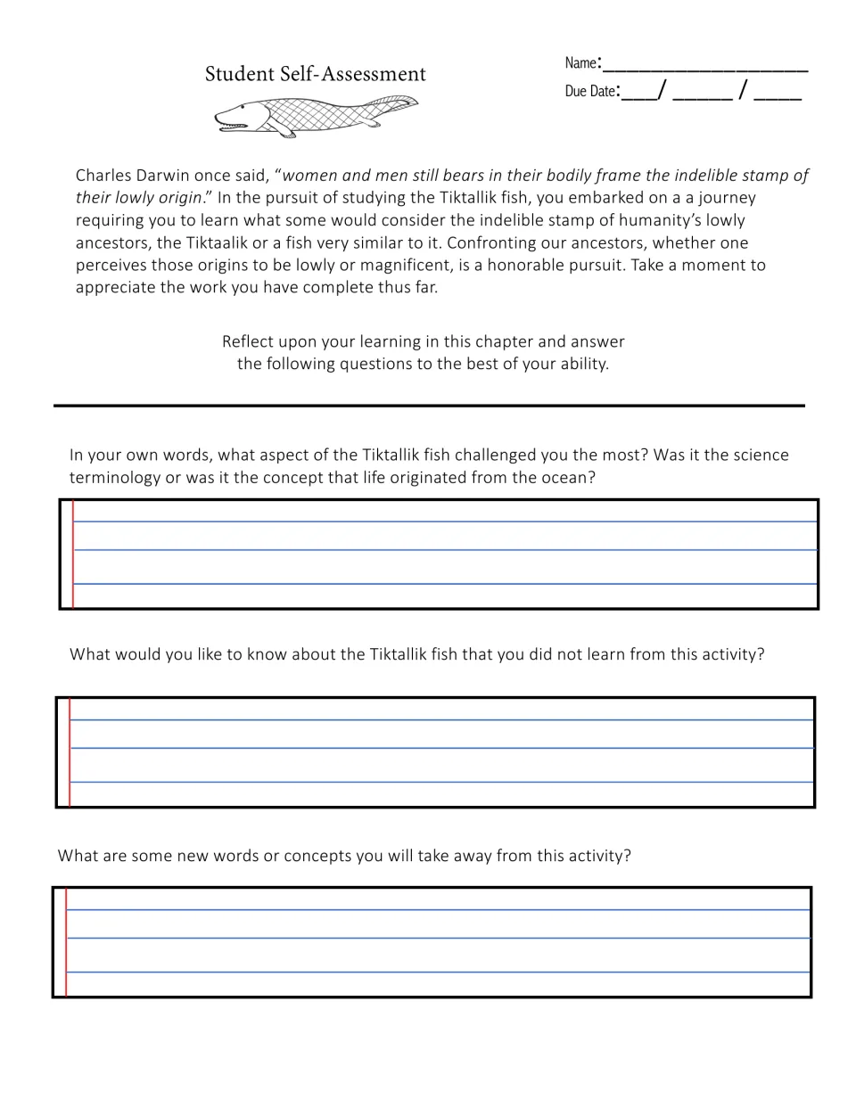 Student self-assessment: Darwin quote, then reflection on what was hardest, open questions and new words learned