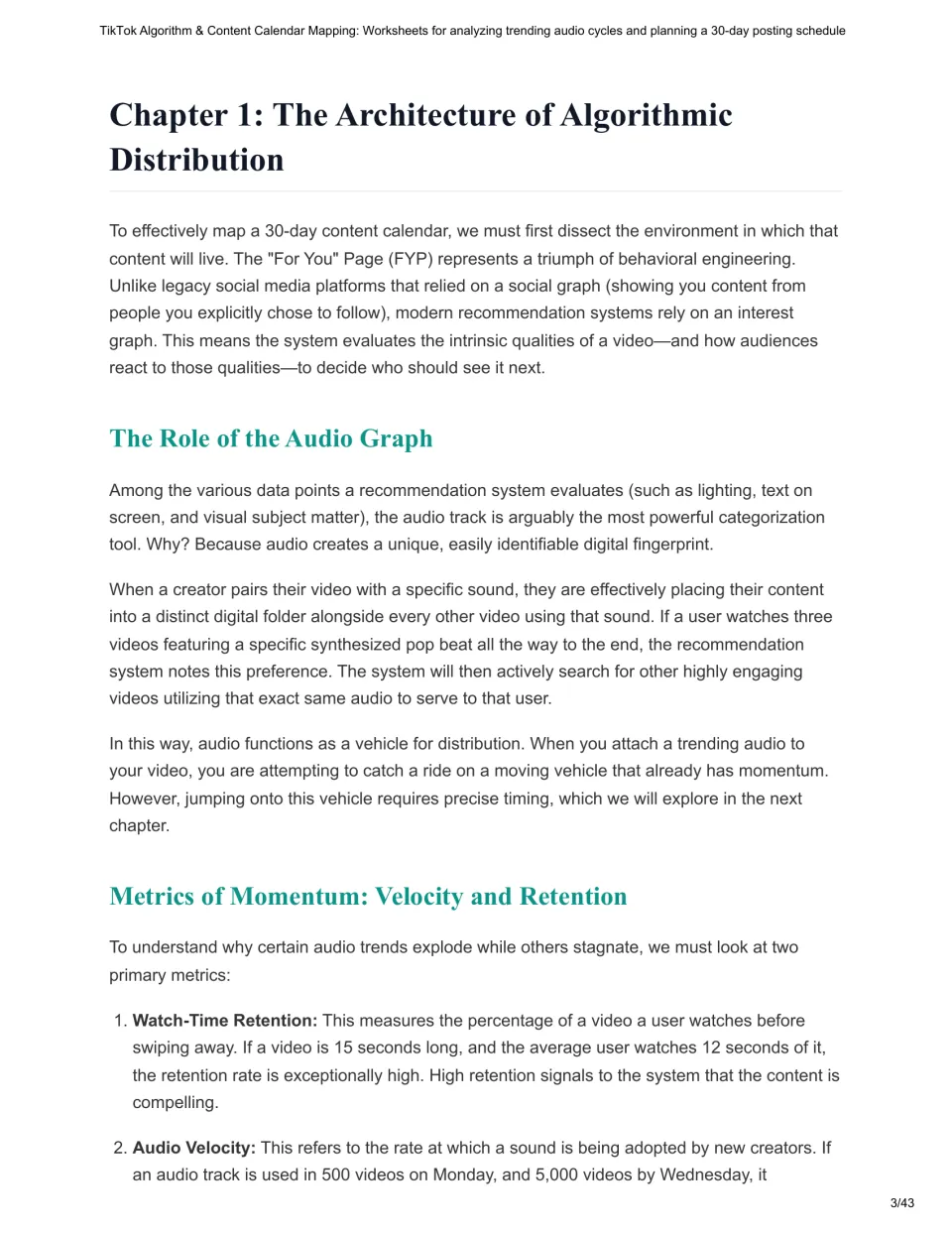 Chapter 1 reading on algorithmic distribution, the audio graph, watch-time retention, and audio velocity