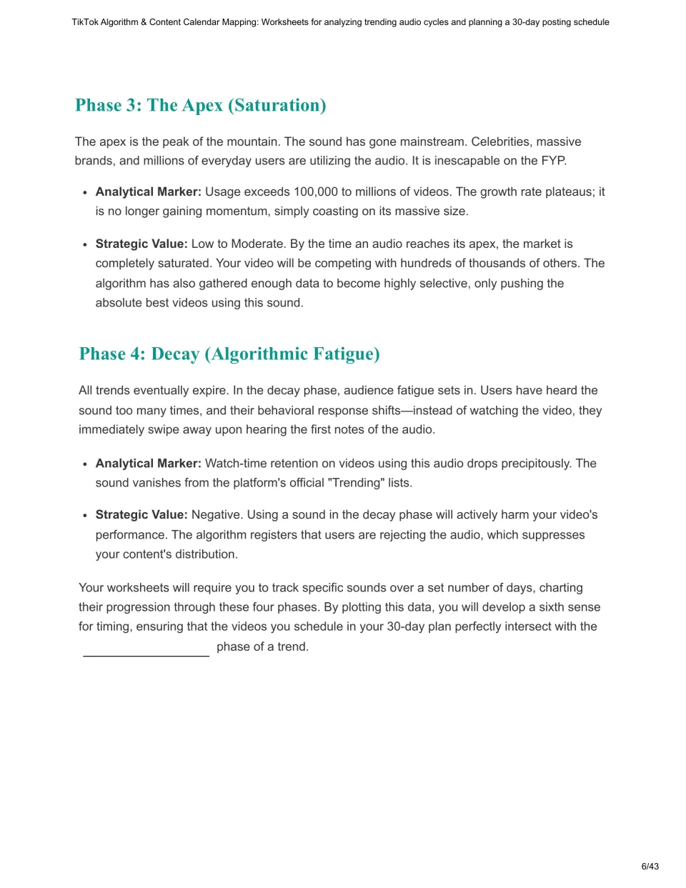 Chapter 2 continuation covering apex and decay phases, audience fatigue, and a trend-timing fill-in prompt