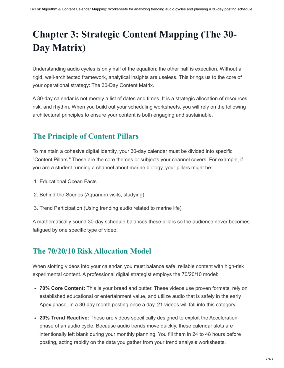 Chapter 3 reading on content pillars and the 70/20/10 model, detailing core content and trend-reactive posts