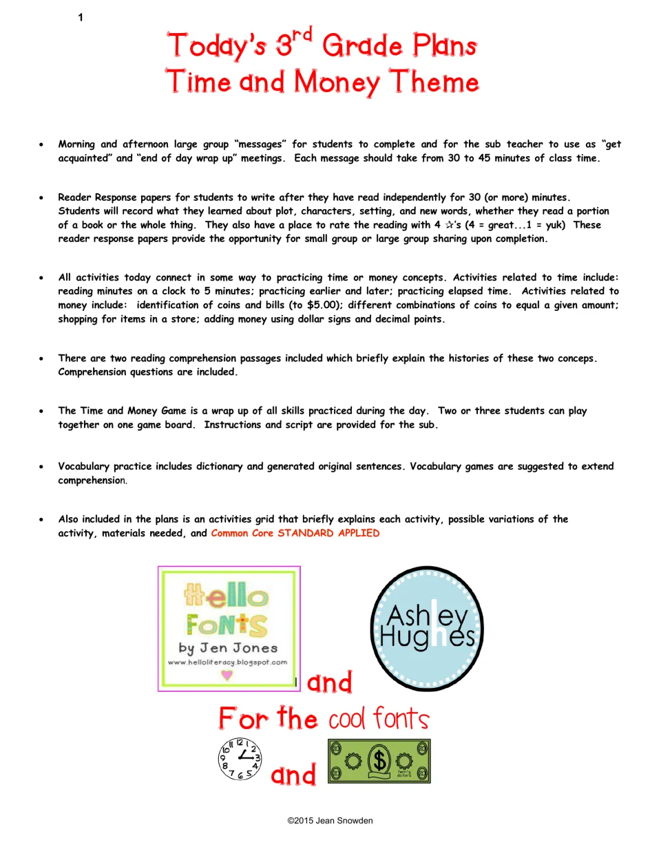 Overview of 3rd grade sub plans: morning messages, reader responses, time and money work, and a wrap-up game