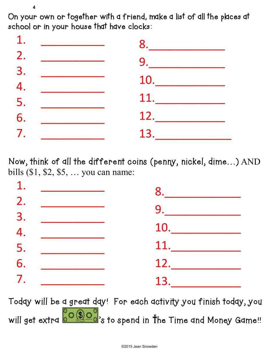Morning message, part 2: list places that have clocks, then name coins and bills like penny, nickel, dime and $5