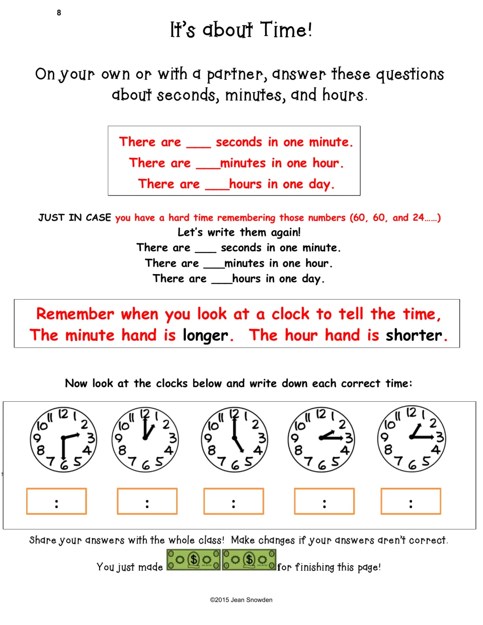 It's about Time!: fill in seconds per minute, minutes per hour, hours per day, then write the times on 5 clocks