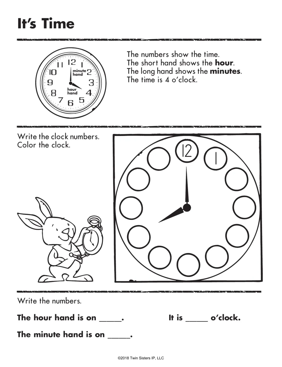 It's Time: parts of a clock; students write the clock numbers, then fill in where each hand points and the o'clock time