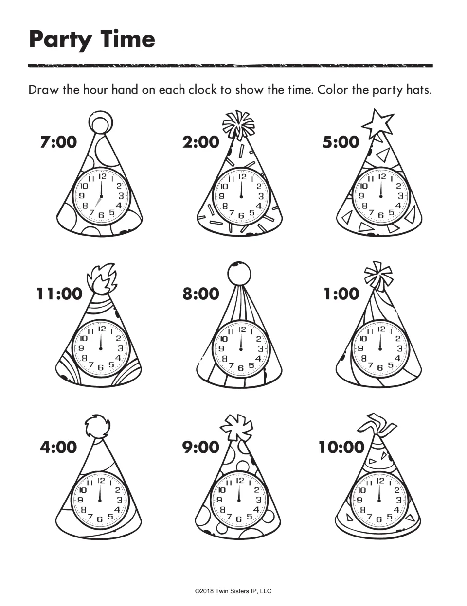 Party Time: showing time to the hour; students draw the hour hand on 9 party-hat clocks for times from 1:00 to 11:00