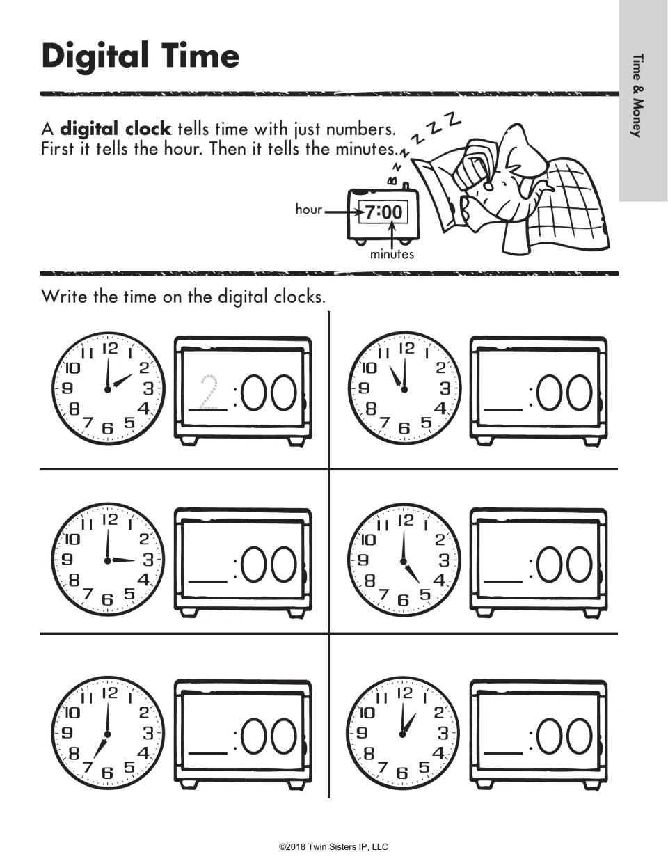 Digital Time: analog to digital; students read 6 analog clocks and write the matching hour on each digital clock display