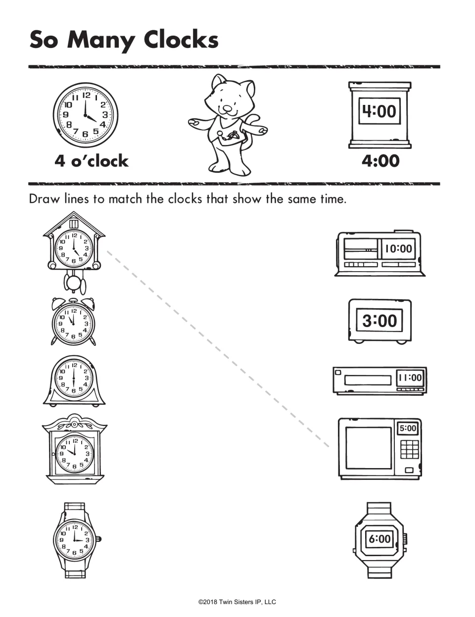 So Many Clocks: same hour on analog and digital clocks; students draw lines from 5 clock faces to their digital match