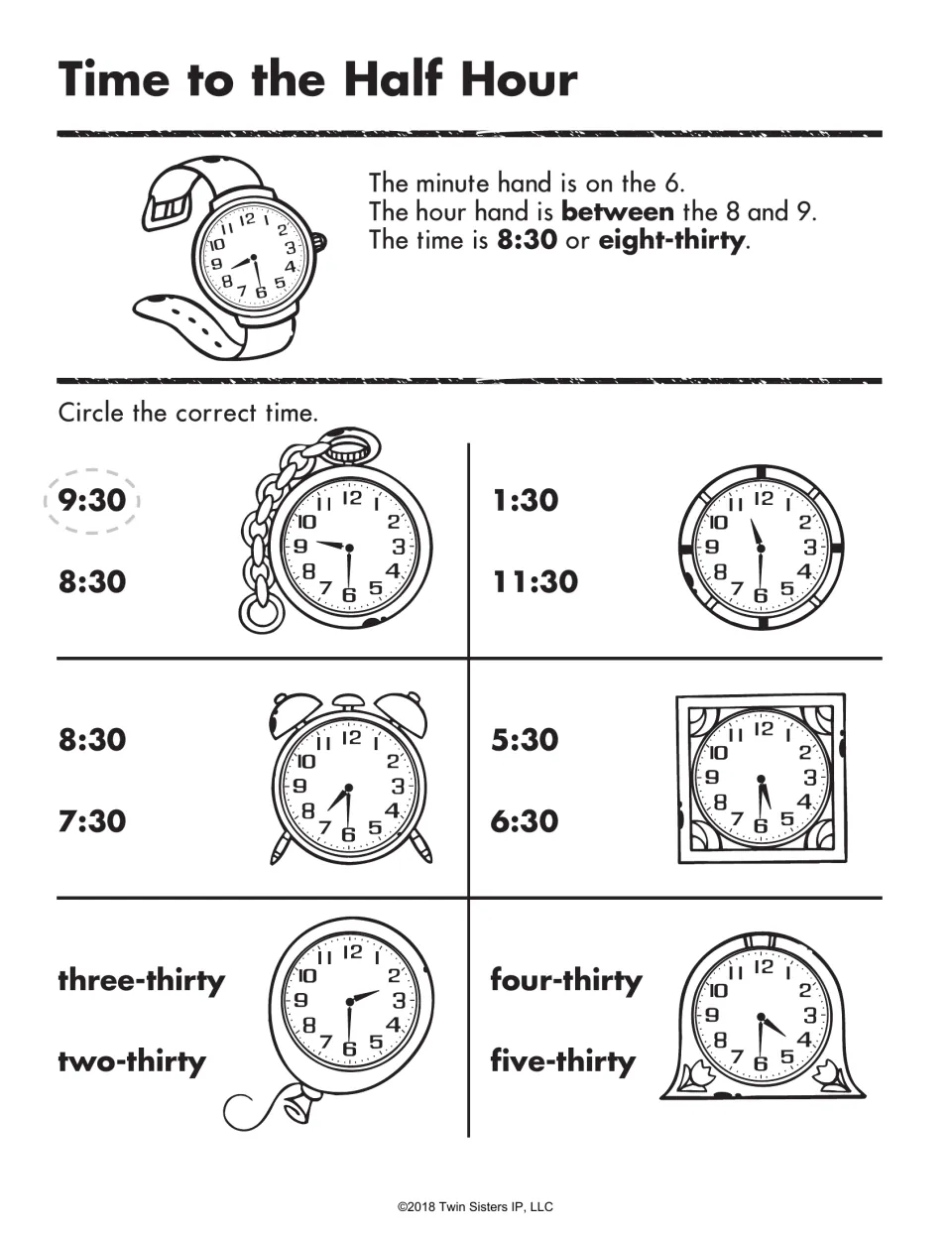 Time to the Half Hour: reading :30 times; students circle the correct time, in digits or words, for each of 6 clocks