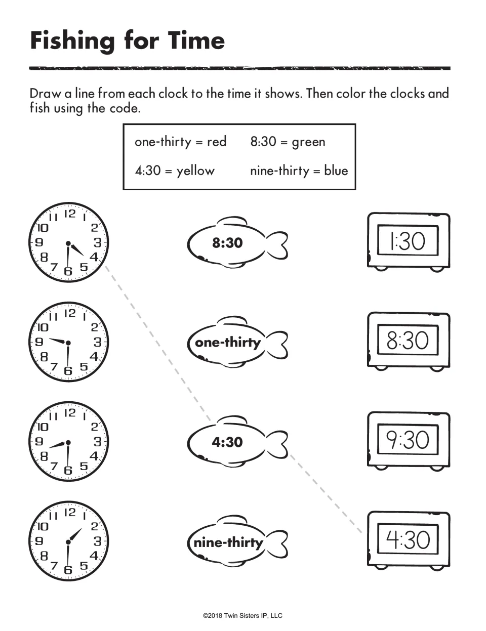 Fishing for Time: half hours in digits and words; students link each clock to its fish and digital time, then color by code