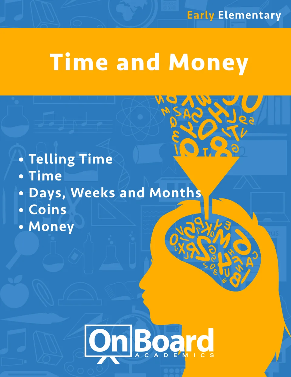 Time and Money workbook cover for early elementary, listing telling time, days, weeks, months, and coins
