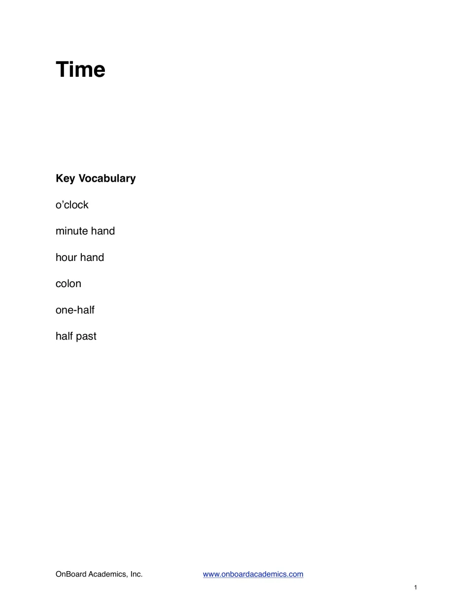 Opening time vocabulary page listing o’clock, minute hand, hour hand, colon, one-half, and half past