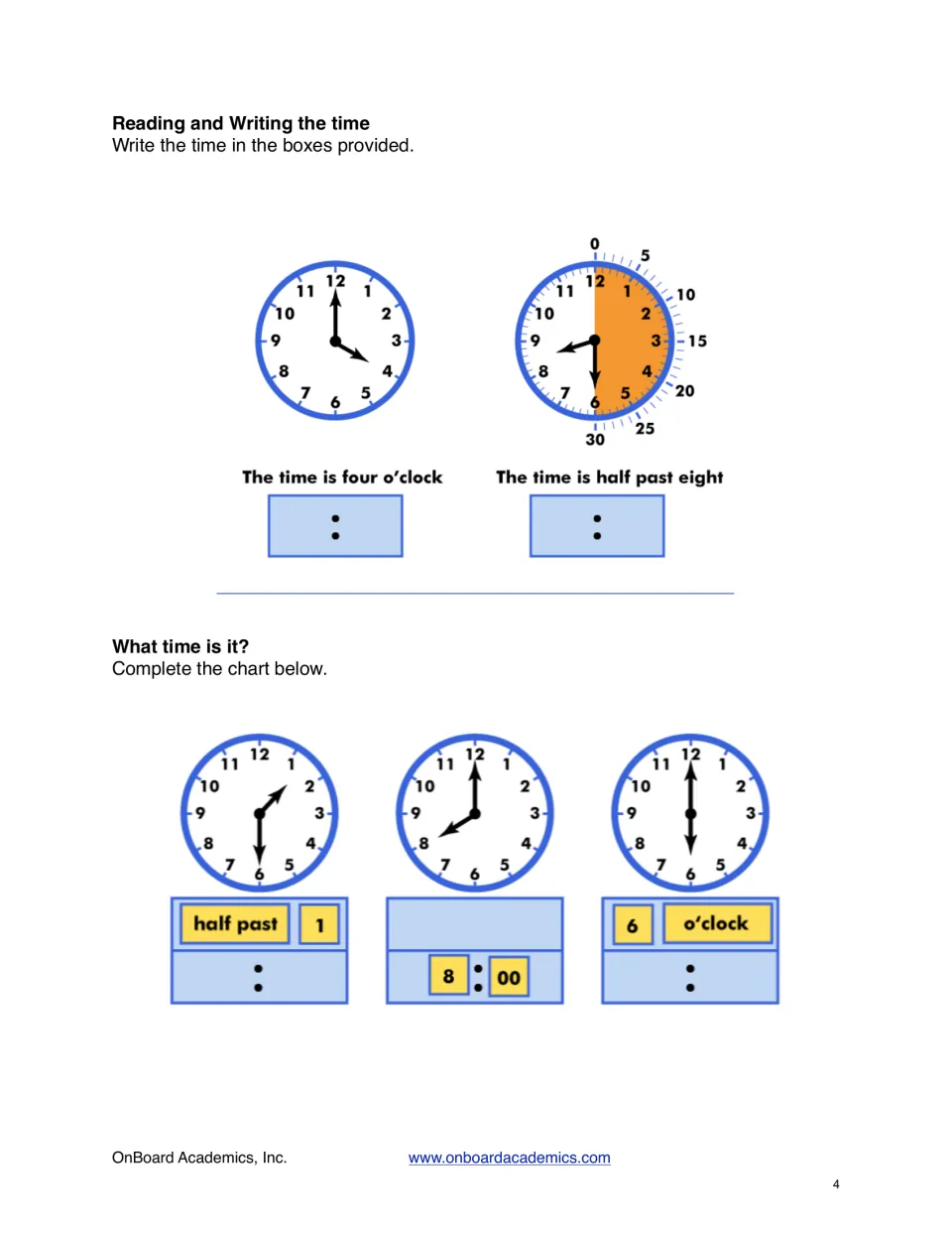 Reading and writing time practice using analog clocks, o’clock and half past phrases, and digital notation