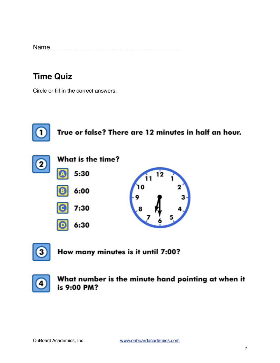 Four-question time quiz covering half-hour minutes, a clock showing 6:30, time until 7:00, and the minute hand