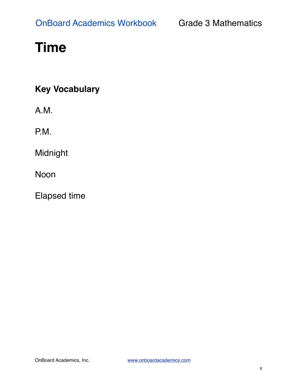 Next time section’s vocabulary page introducing A.M., P.M., midnight, noon, and elapsed time for later lessons