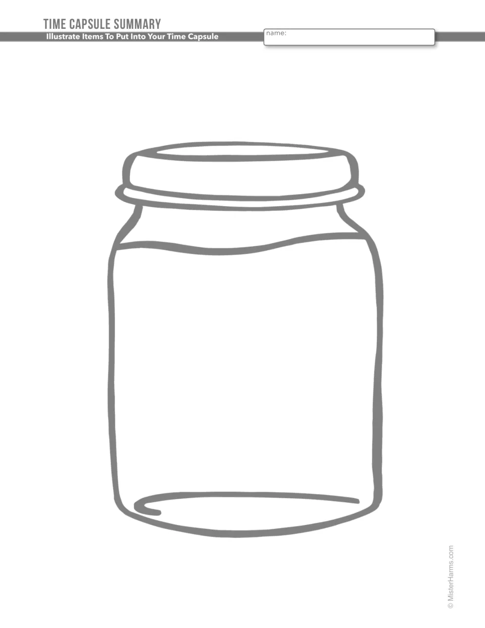 Time capsule summary in a mason jar outline: students draw important items from the text to summarize its main idea