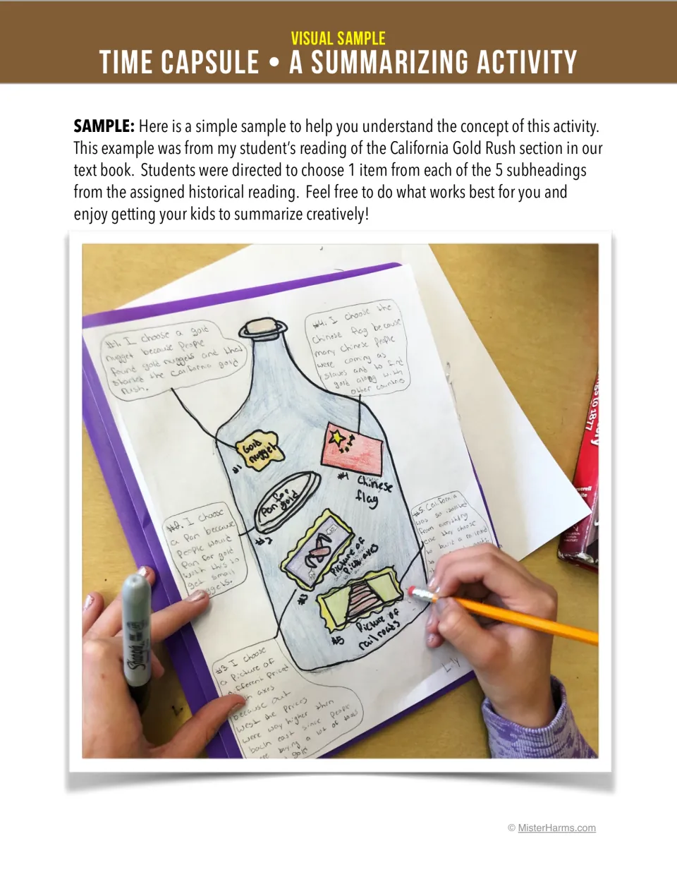 Visual sample: a student's bottle summary of the California Gold Rush with a gold nugget, pan, Chinese flag and railroad