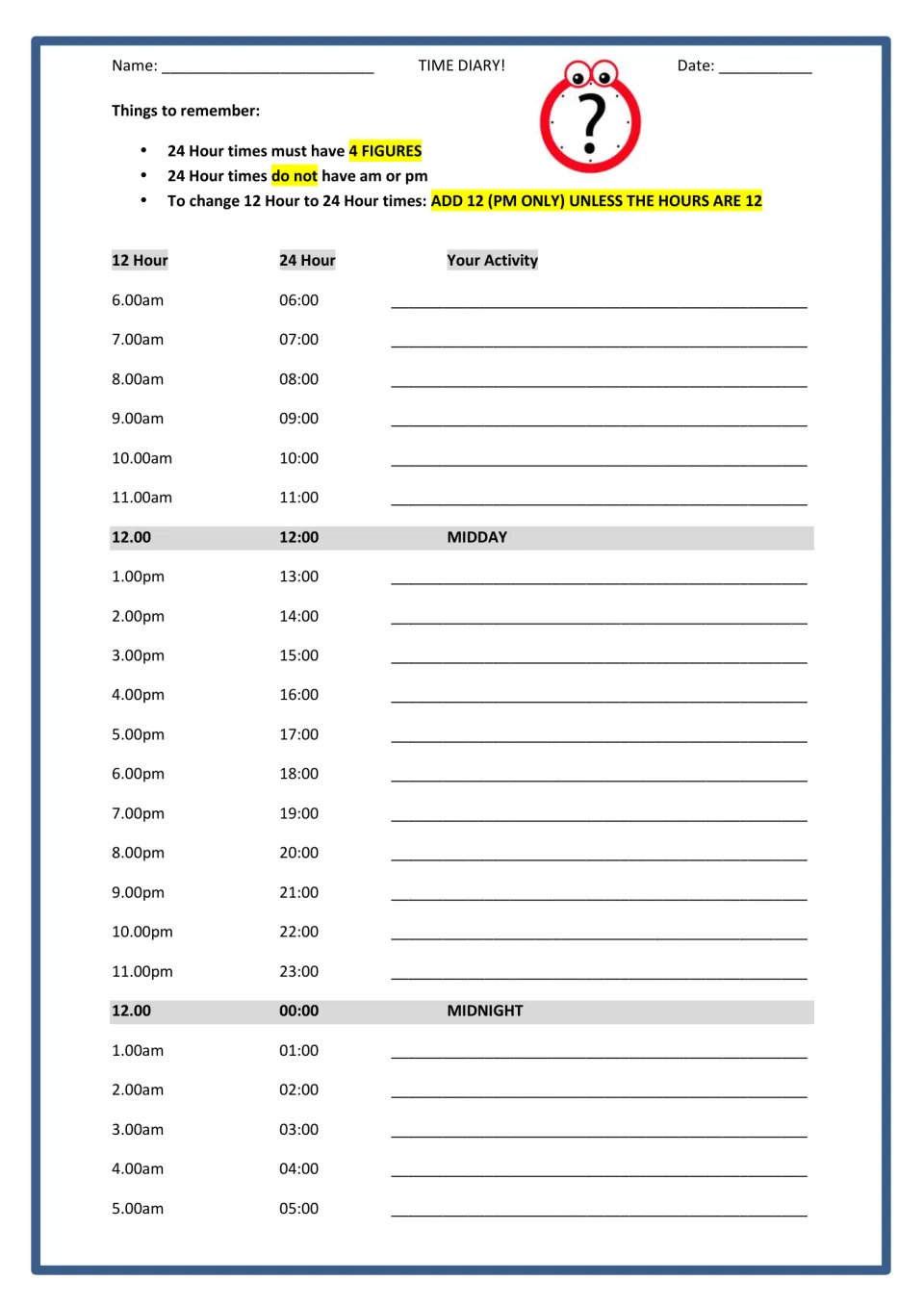12- and 24-hour clock conversion: students log what they do each hour from 6.00am to 5.00am beside both time formats