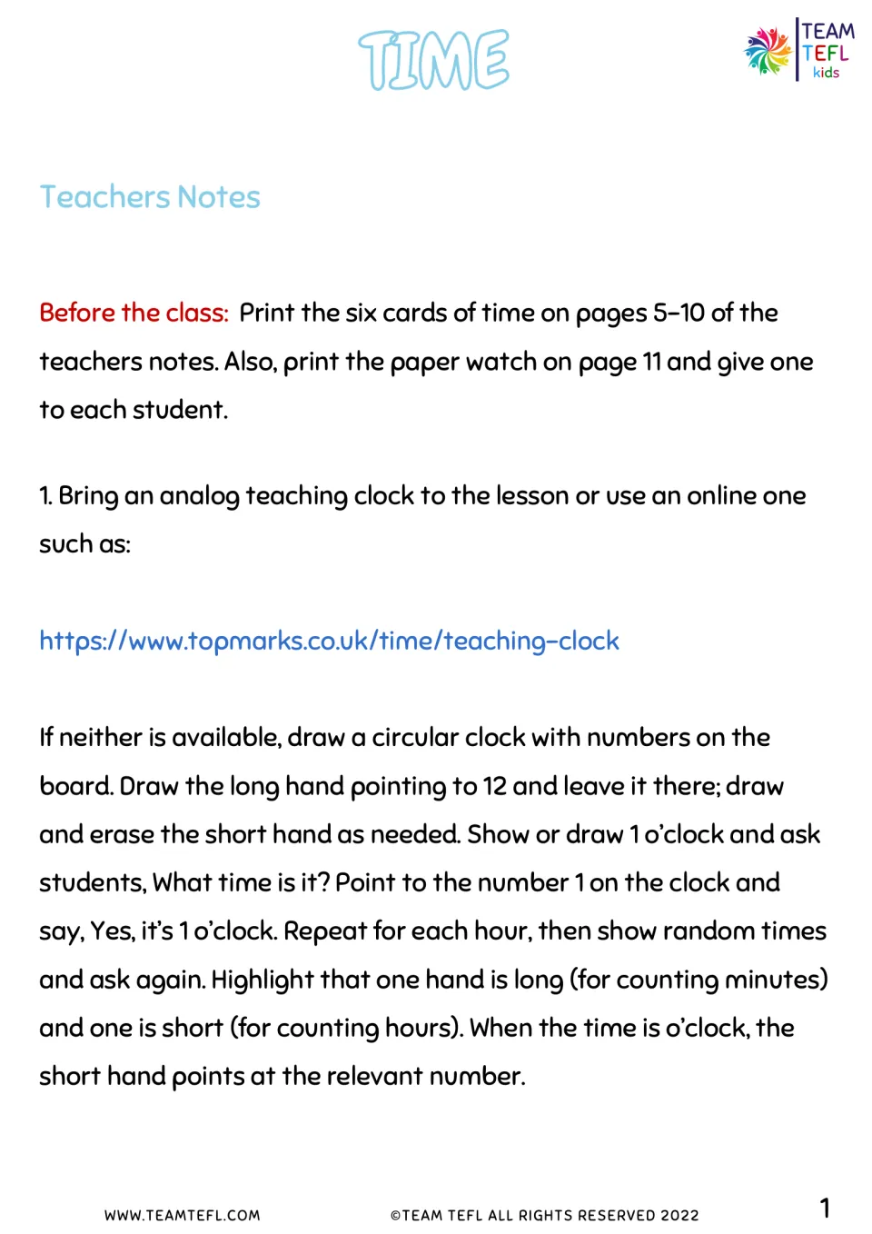 Telling time teacher notes: print six time cards and a paper watch, then use a teaching clock to drill o'clock times