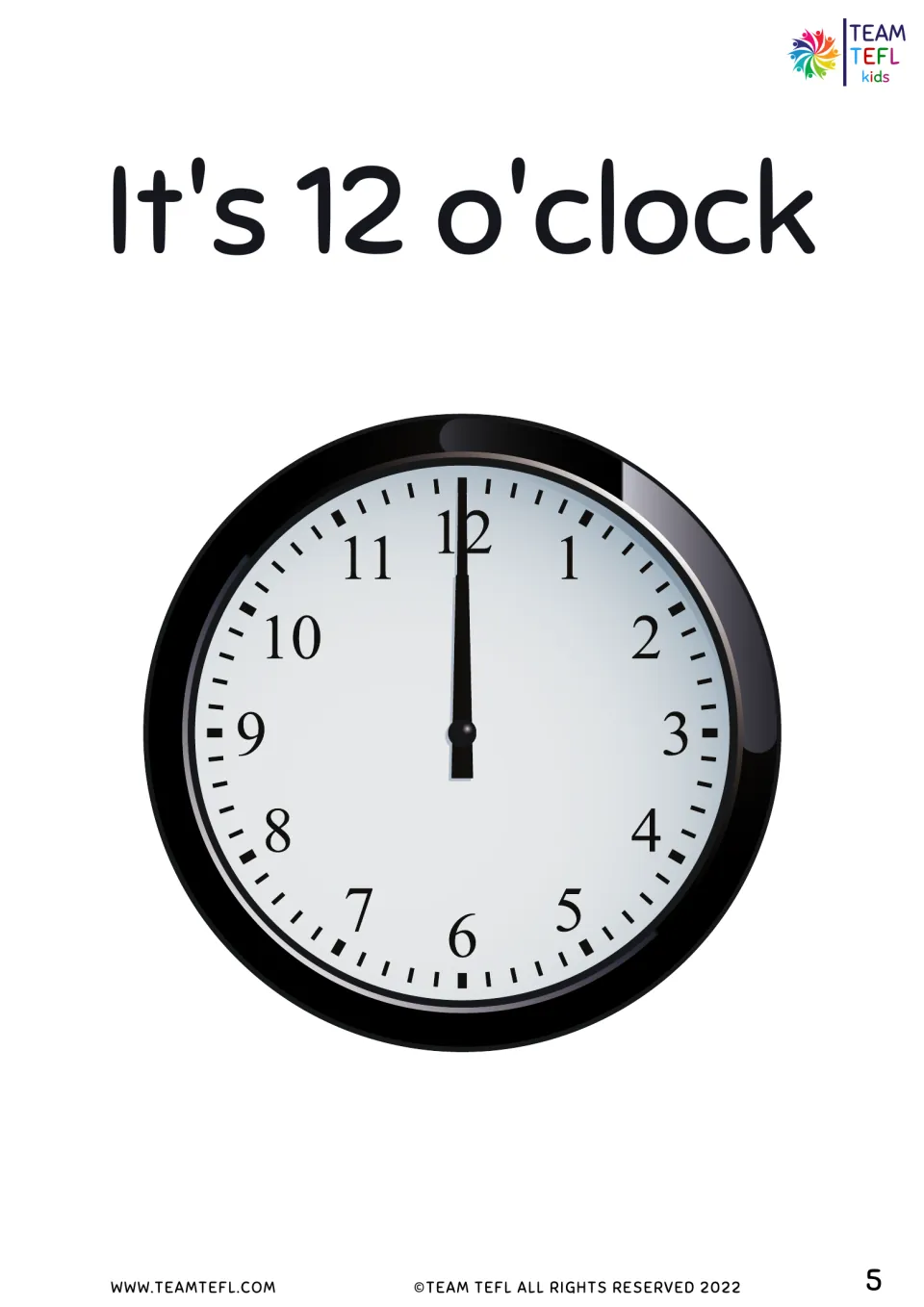 It's 12 o'clock flashcard: analog clock with both hands pointing straight up at 12 for modelling on-the-hour time