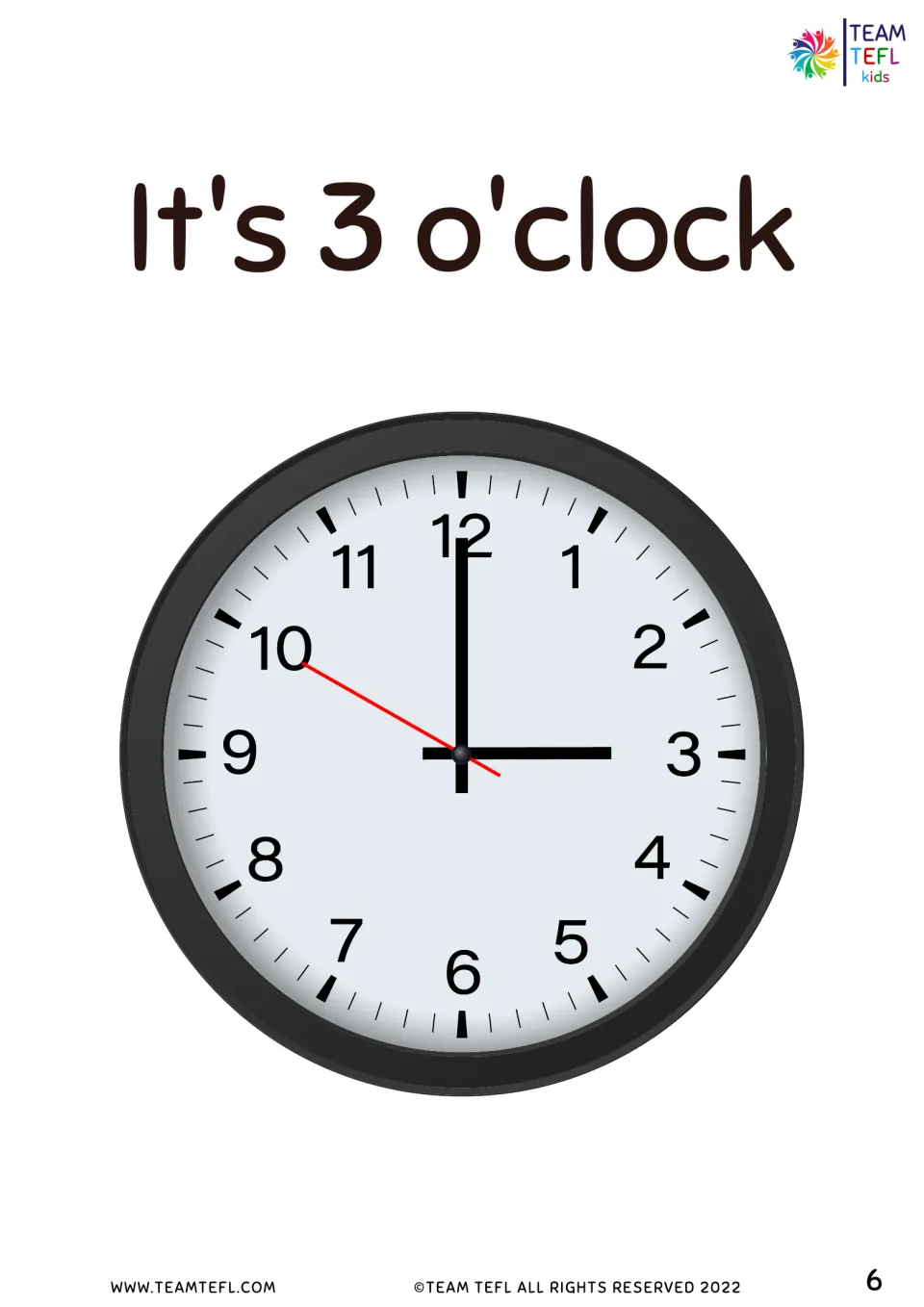 It's 3 o'clock flashcard: wall clock with the long hand on 12 and the short hand on 3 for reading hour times